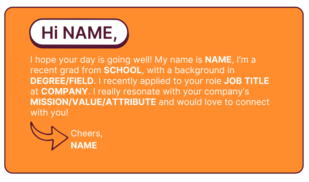Template for a LinkedIn message to a recruiter that includes placeholders for name, school, degree or field, job title, company, and company values.