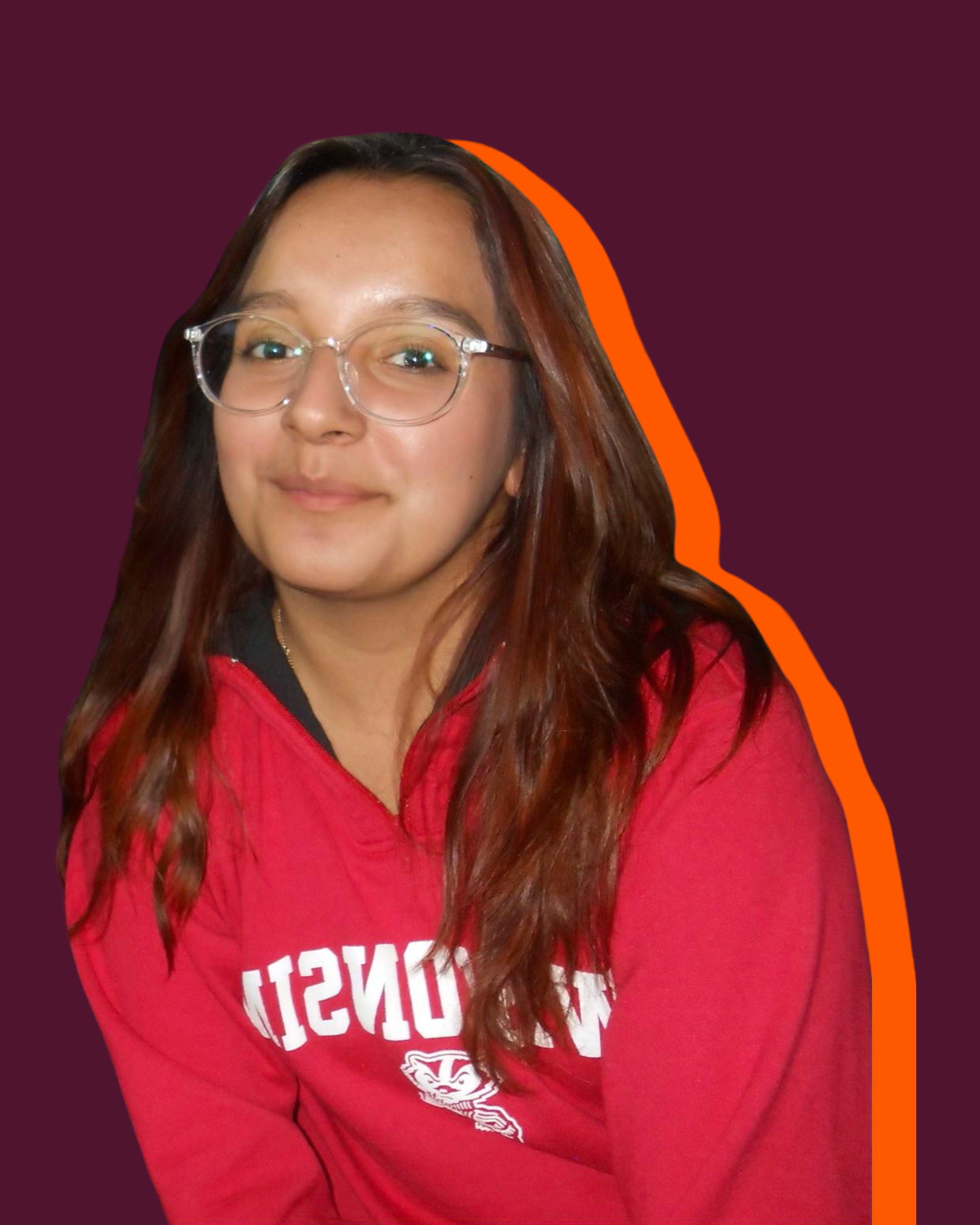 Portrait of Emili smiling, wearing glasses and a red "Wisconsin" sweatshirt, with a bold purple and orange background.